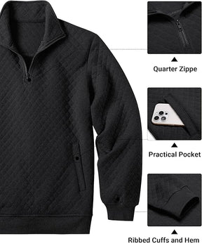 COOFANDY Mens Quarter Zip Pullover Quilted Sweatshirt Knit Long Sleeve Mock Neck Sweater Polo with Pocket