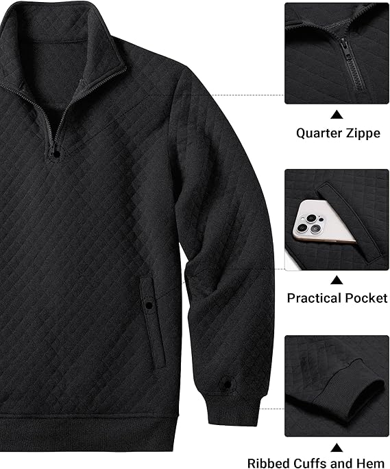 COOFANDY Mens Quarter Zip Pullover Quilted Sweatshirt Knit Long Sleeve Mock Neck Sweater Polo with Pocket