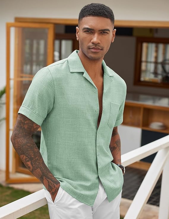 COOFANDY Men's Saint Patrick's Day Lucky Green Cuban Linen Shirt