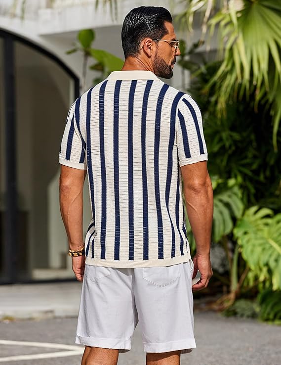 COOFANDY Men's Knit Shirts Short Sleeve Button Down Polo Shirt Striped Casual Summer Beach Shirts