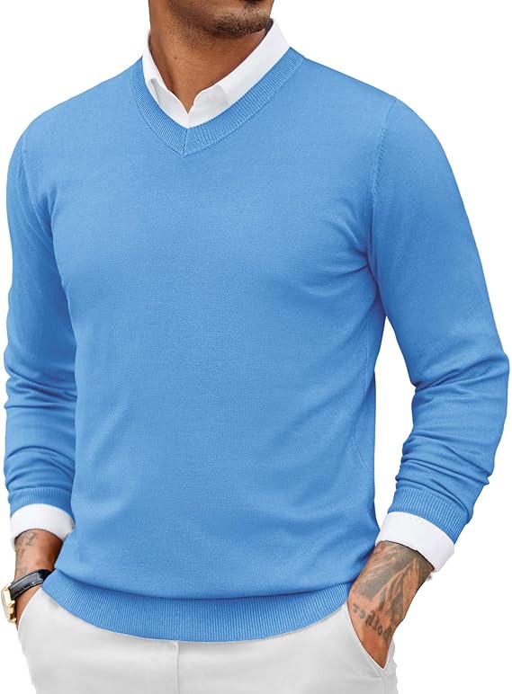 COOFANDY Men Casual V Neck Sweater Ribbed Knit Slim Fit Long Sleeve Pullover Top