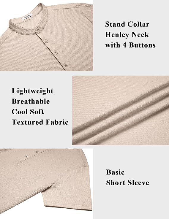 COOFANDY Men's Henley Shirt Short Sleeve Stand Collar Summer Casual Beach Hippie T-Shirts