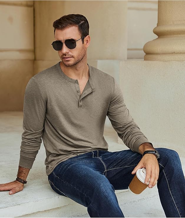 COOFANDY Henley T-Shirt Long Sleeve Pullover Shirts Basic Tees