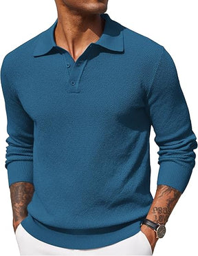 COOFANDY Mens Knit Polo Shirts Long Sleeve Casual Polo Sweaters Shirt Waffle Textured Collared Sweater