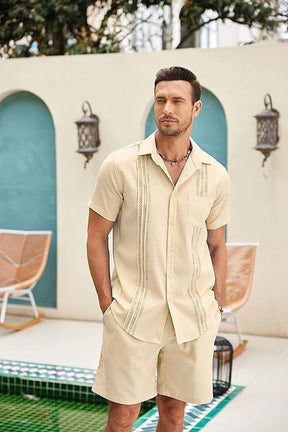 COOFANDY Men Linen Sets Outfits 2 Piece Short Sleeve Cuban Shirts Guayabera Linen Suit