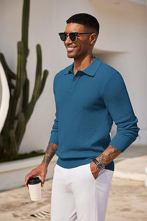COOFANDY Mens Knit Polo Shirts Long Sleeve Casual Polo Sweaters Shirt Waffle Textured Collared Sweater