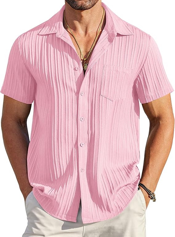COOFANDY Men's Saint Patrick's Day Green Short Sleeve Textured Casual Button Down Shirt with Pocket Summer Beach Wear