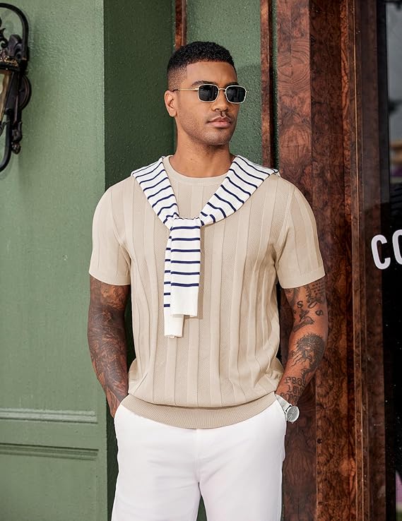 COOFANDY Mens T-Shirts Short Sleeve Knit Shirt Crew Neck Sweater Fashion Casual Textured Pullover Tees