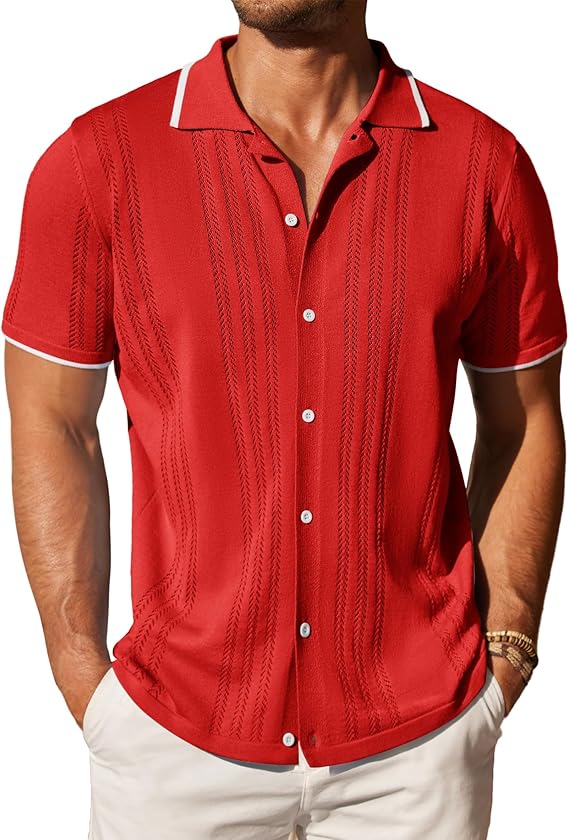 COOFANDY Men's Knit Button Down Shirt Vintage Short Sleeve Polo Shirts Casual Beach Tops