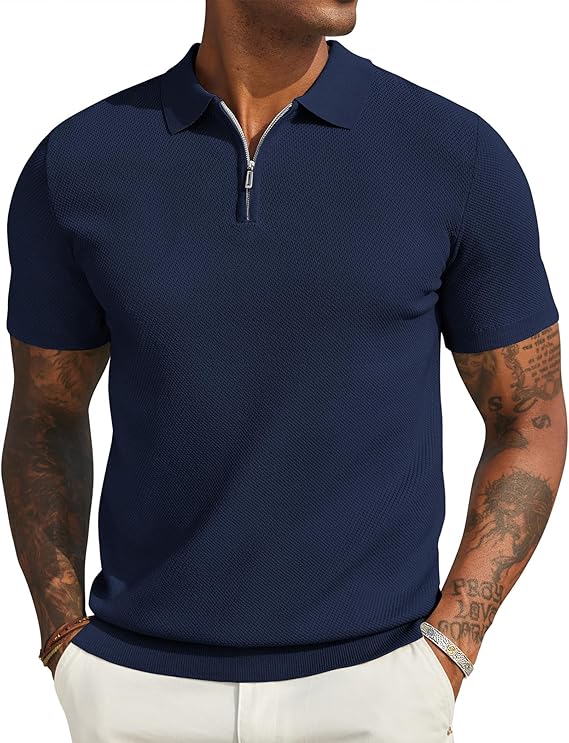 COOFANDY Mens Textured Knit Polo Shirts Zipper Polo Shirts Short Sleeve Casual Lightweight Golf Shirt
