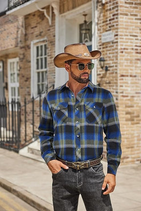 COOFANDY Men's Fall Plaid Button Down Shirt Long Sleeve Casual Cowboy Work Shirts Lightweight Flannel Shirts Two Pocket