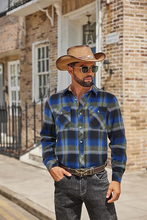 COOFANDY Men's Fall Plaid Button Down Shirt Long Sleeve Casual Cowboy Work Shirts Lightweight Flannel Shirts Two Pocket