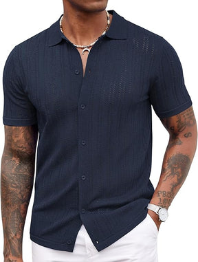 COOFANDY Men's Knit Shirts Short Sleeve Button Down Polo Shirt Crochet Casual Vintage Summer Beach Shirts