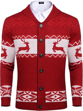 COOFANDY Men's Christmas Cardigans Ugly Xmas Sweaters Reindeer Snowflake Shawl Collar Knitted Cardigan Sweater