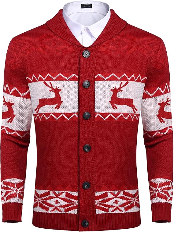 COOFANDY Men's Christmas Cardigans Ugly Xmas Sweaters Reindeer Snowflake Shawl Collar Knitted Cardigan Sweater