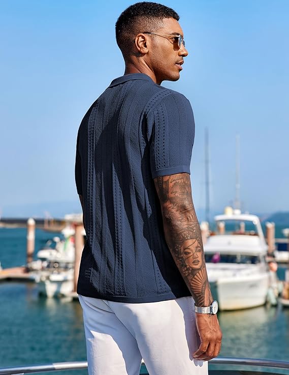 COOFANDY Men's Knit Shirts Short Sleeve Button Down Polo Shirt Fashion Casual Summer Beach Shirts
