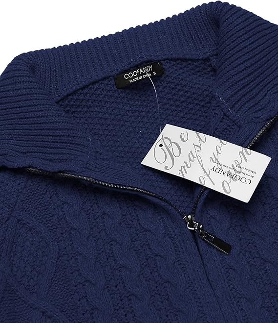 COOFANDY Men's Full Zip Cardigan Sweater Slim Fit Stand Collar Cotton Cable Knitted Sweater with Pockets