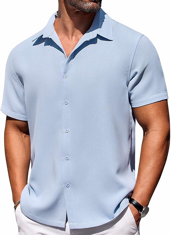 COOFANDY Mens Short Sleeve Button Down Shirts Waffle Shirt Casual Beach Summer Shirts Wrinkle Free Vacation Shirts