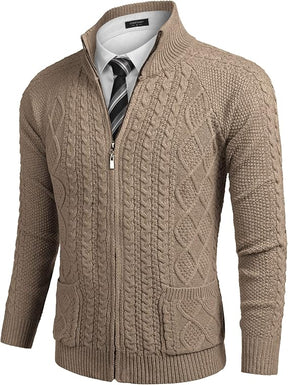 COOFANDY Men's Full Zip Cardigan Sweater Slim Fit Stand Collar Cotton Cable Knitted Sweater with Pockets