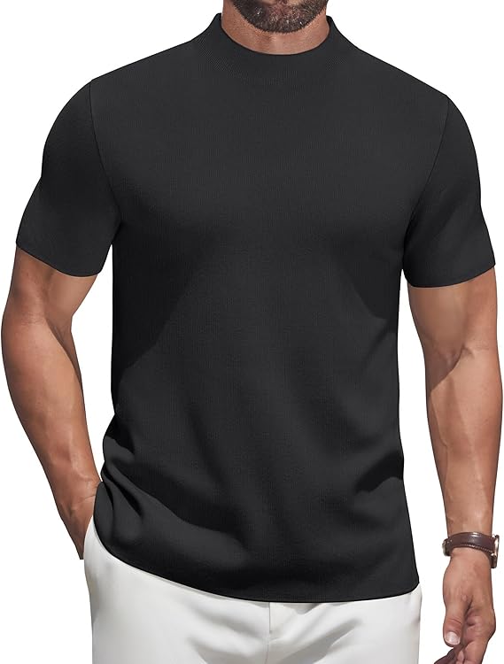 COOFANDY Men's Mock Turtleneck Sweater Short Sleeve Casual Knitted T-Shirts Thermal Tops Solid Basic Tee
