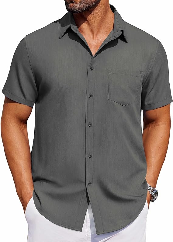 COOFANDY Men's Short Sleeve Button Down Shirt Casual Untucked Dress Shirt Stretch Denim Shirt
