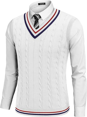COOFANDY Men's Sweater Vest V Neck Casual Sleeveless Pullover Striped Cable Knit Sweater Vest