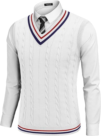 COOFANDY Men's Sweater Vest V Neck Casual Sleeveless Pullover Striped Cable Knit Sweater Vest