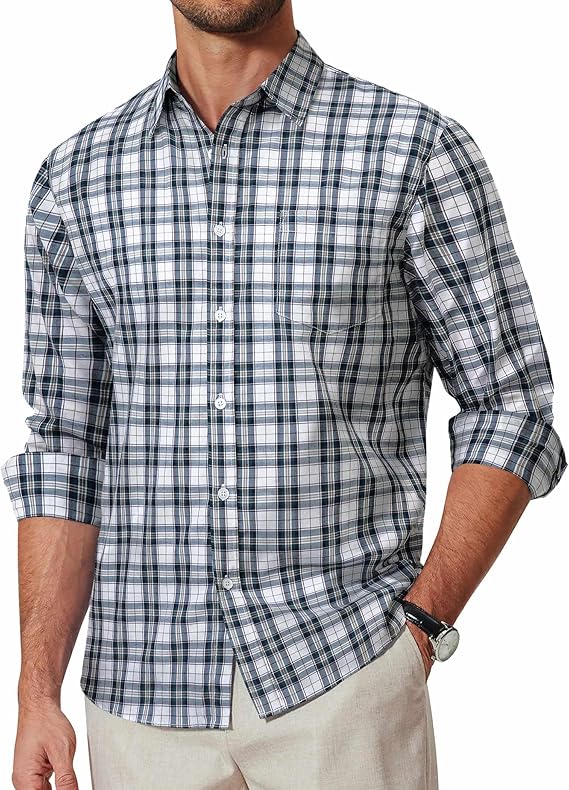 COOFANDY Men's Plaid Button Down Shirt Cotton Long Sleeves Dress Shirt Wrinkle Free Casual Gingham Shirt