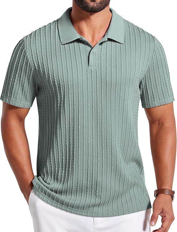 COOFANDY Mens Polo Shirt Textured Knit Button Casual Short Sleeve Summer Vacation Beach Stretchy Golf Shirts