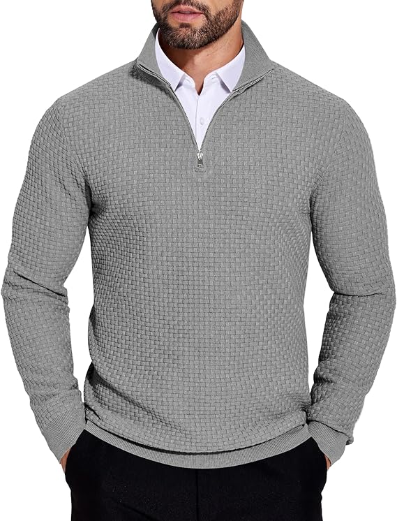 COOFANDY Men's Quarter Zip Sweaters Slim Fit Lightweight Knitted Mock Neck Pullover Casual Polo Sweaters