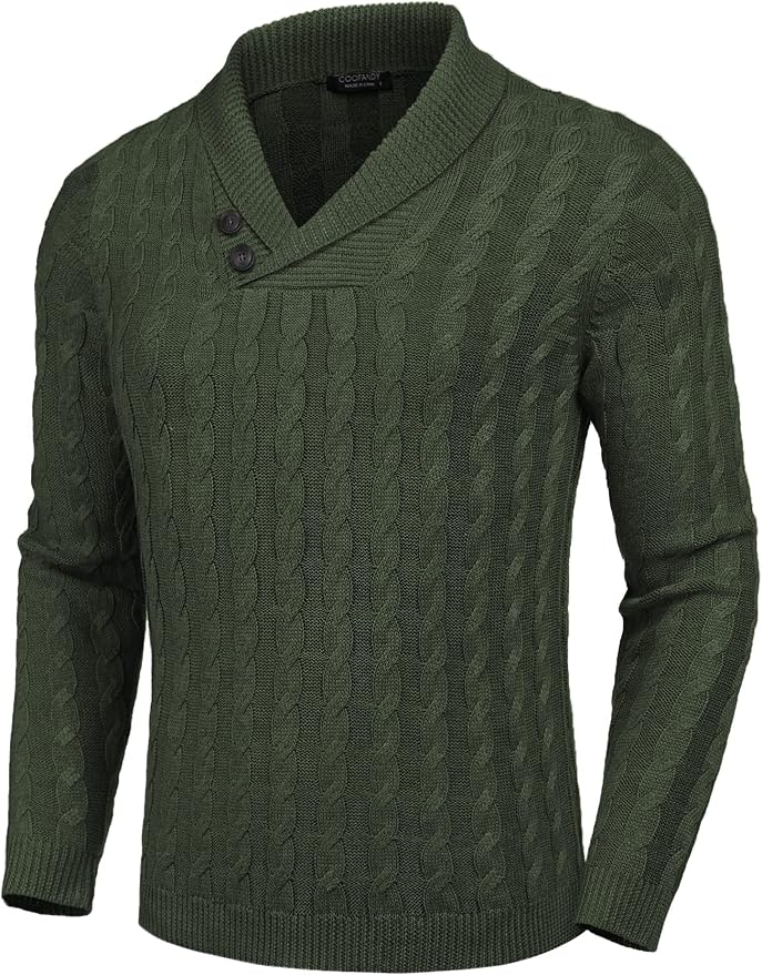 COOFANDY Men's Shawl Collar Pullover Sweater Slim Fit Casual Button Cable Knit Sweaters