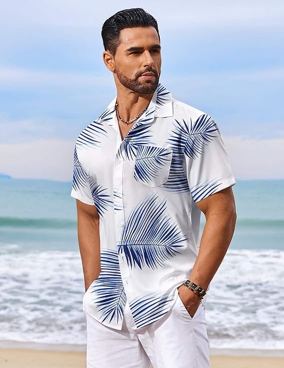 COOFANDY Men's Hawaiian Shirt Short Sleeve Floral Button Down Shirts Tropical Vacation Beach Shirts with Pocket