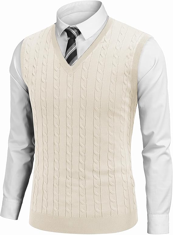 COOFANDY Men's Sweater Vest V Neck Slim Fit Cable Knitted Sleeveless Pullover Sweater