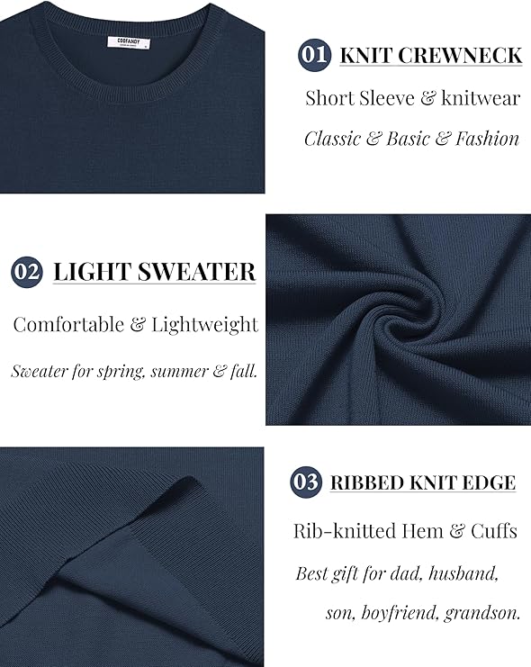 COOFANDY Men's Crewneck Sweater Short Sleeve Casual Basic Tops Classic Fashion Knit Pullover Tees