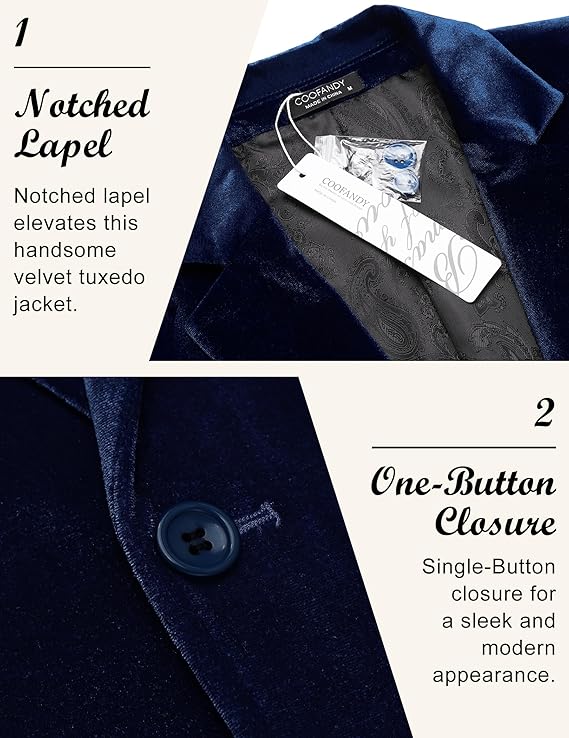 COOFANDY Men's Velvet Blazer Notched Lapel Velour Suit Jacket One Button Tuxedo Jackets for Wedding Prom Party Dinner