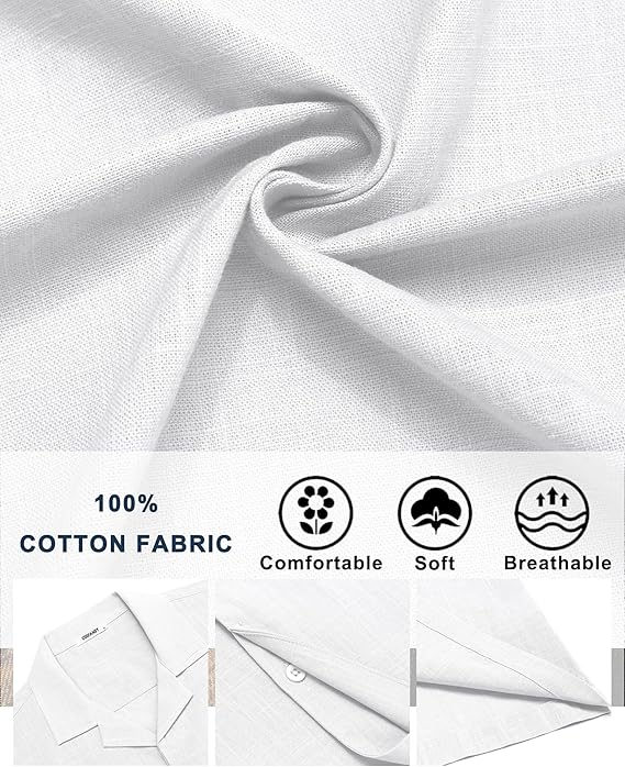 COOFANDY Men's Cotton Shirts Short Sleeve Button Down Shirts Casual Beach Summer Cuban Collar Shirt