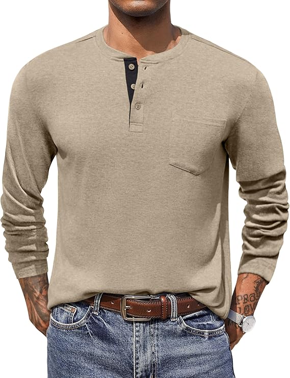 COOFANDY Men Long Sleeve Henley T-Shirs Casual Basic Lightweight Fashion Shirts Soild Tees with Pockets
