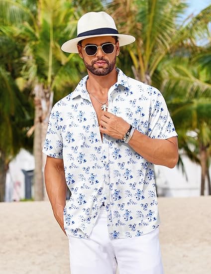 COOFANDY Mens Hawaiian Shirts Short Sleeve Tropical Button Down Shirts Floral Summer Beach Shirt