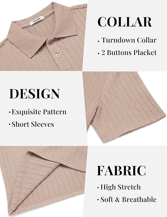 COOFANDY Mens Polo Shirt Textured Knit Button Casual Short Sleeve Summer Vacation Beach Stretchy Golf Shirts