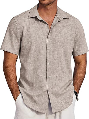 COOFANDY Men's Beach Summer Shirts Linen Texture Shirts Short Sleeve Casual Button Down Shirt