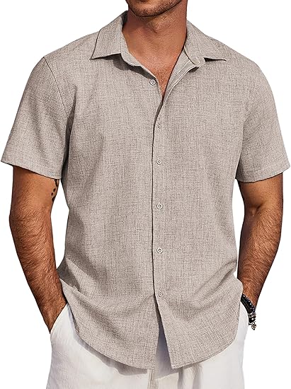 COOFANDY Men's Beach Summer Shirts Linen Texture Shirts Short Sleeve Casual Button Down Shirt