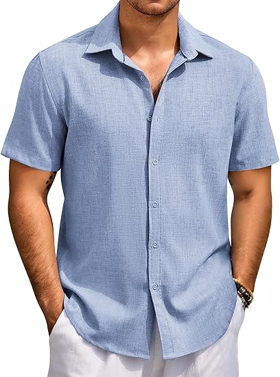 COOFANDY Men's Beach Summer Shirts Linen Texture Shirts Short Sleeve Casual Button Down Shirt
