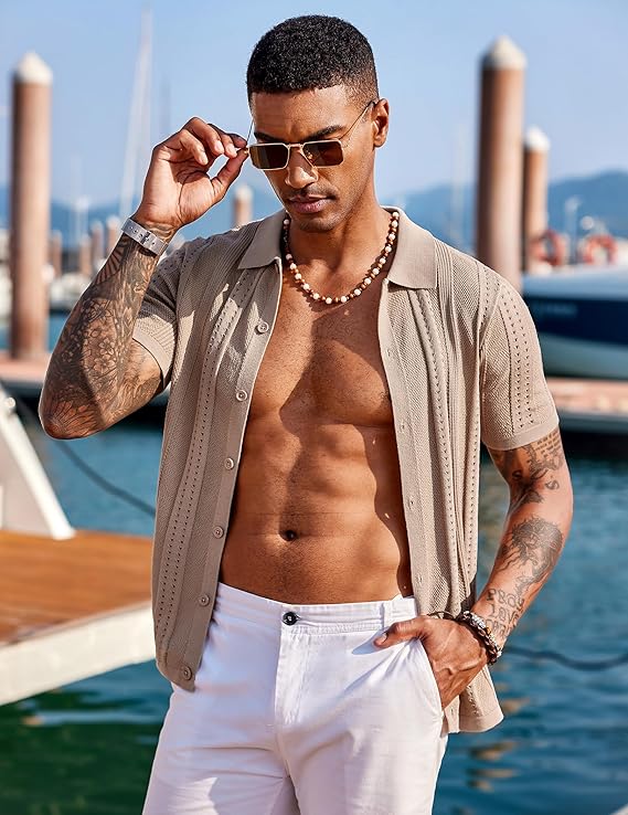 COOFANDY Men's Knit Shirts Short Sleeve Button Down Polo Shirt Fashion Casual Summer Beach Shirts