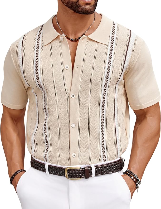 COOFANDY Knit Shirts for Men Casual Short Sleeve Button Down Shirts Summer Beach Stretch Fit Collared Shirts