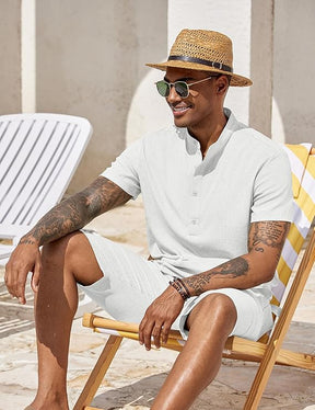 COOFANDY Men's 2 Pieces Set Short Sleeve Henley Shirts and Shorts Pants Texture Summer Beach Vacation Outfits