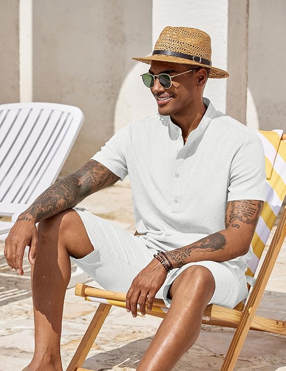 COOFANDY Men's 2 Pieces Set Short Sleeve Henley Shirts and Shorts Pants Texture Summer Beach Vacation Outfits