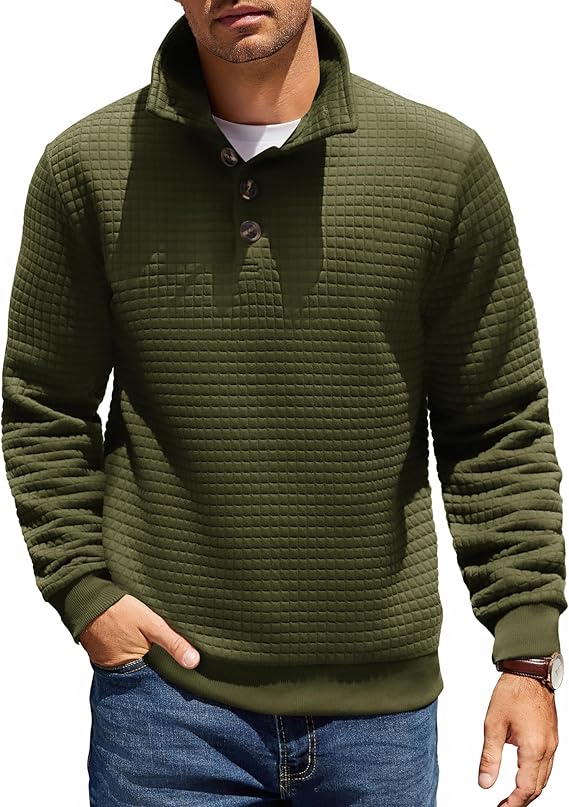 COOFANDY Mens 1/4 Quilted Pullover Half Casual Stand Collar Long Sleeve Sweatshirt Big and Tall Mock Neck Sweater