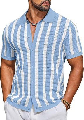 COOFANDY Men's Knit Shirts Short Sleeve Button Down Polo Shirt Striped Casual Summer Beach Shirts