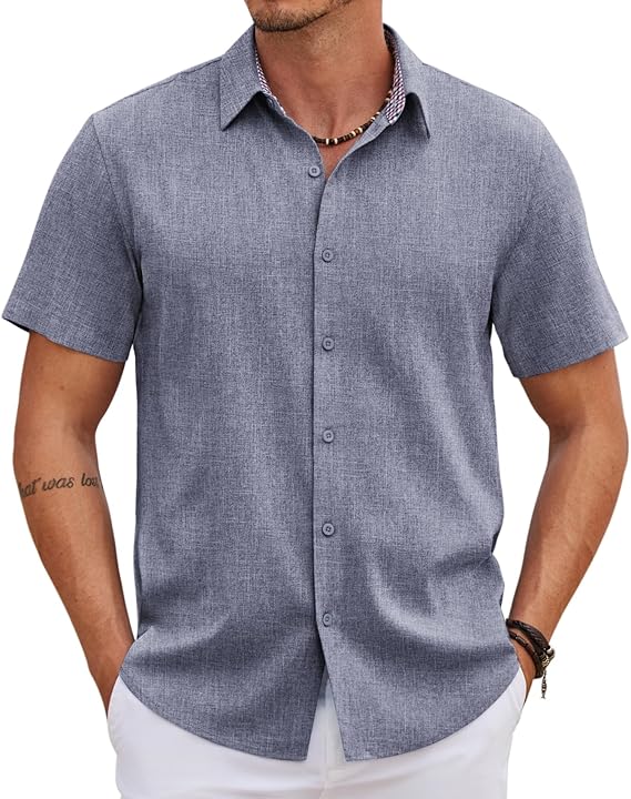 COOFANDY Men's Saint Patrick's Day Green Linen Shirt Short Sleeve Button Down Casual Plaid Collar Summer Beach Shirt