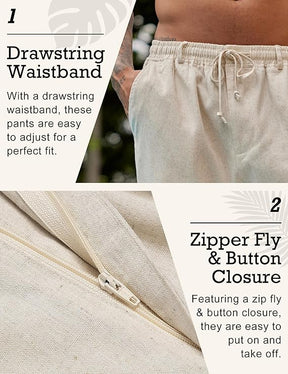 COOFANDY Men's Casual Linen Pants Elastic Waist Drawstring Beach Summer Pants Lightweight Linen Trousers